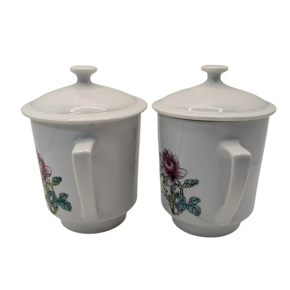 Vintage Chinese Footed Teacup Lidded Asian Rose Floral Bird‎ Set of Two SEE